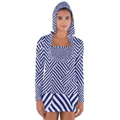 Blue And White Abstract Stripes Long Sleeve Hooded T-shirt by SpinnyChairDesigns