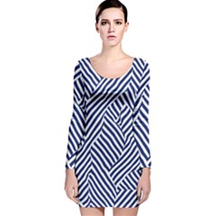 Blue And White Abstract Stripes Long Sleeve Velvet Bodycon Dress