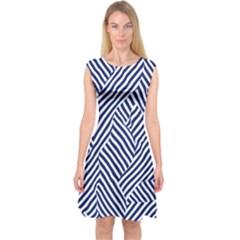 Blue And White Abstract Stripes Capsleeve Midi Dress