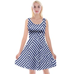 Blue And White Abstract Stripes Reversible Velvet Sleeveless Dress