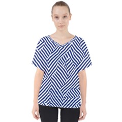 Blue And White Abstract Stripes V-neck Dolman Drape Top