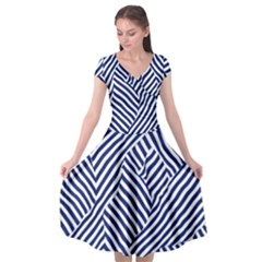 Blue And White Abstract Stripes Cap Sleeve Wrap Front Dress