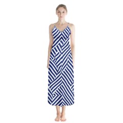 Blue And White Abstract Stripes Button Up Chiffon Maxi Dress