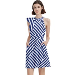 Blue And White Abstract Stripes Cocktail Party Halter Sleeveless Dress With Pockets