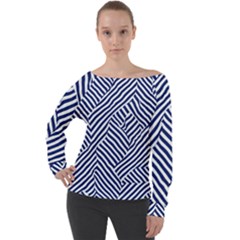 Blue And White Abstract Stripes Off Shoulder Long Sleeve Velour Top by SpinnyChairDesigns