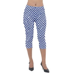 Blue And White Abstract Stripes Lightweight Velour Capri Leggings  by SpinnyChairDesigns