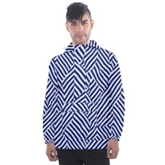 Blue And White Abstract Stripes Men s Front Pocket Pullover Windbreaker