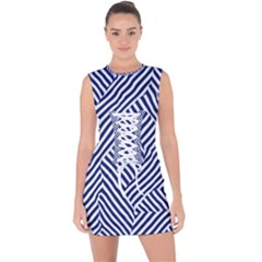 Blue And White Abstract Stripes Lace Up Front Bodycon Dress