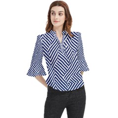 Blue And White Abstract Stripes Loose Horn Sleeve Chiffon Blouse