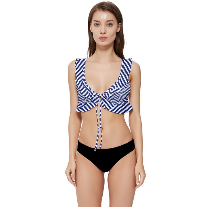 Blue and White Abstract Stripes Low Cut Ruffle Edge Bikini Top