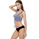 Blue and White Abstract Stripes Low Cut Ruffle Edge Bikini Top View2