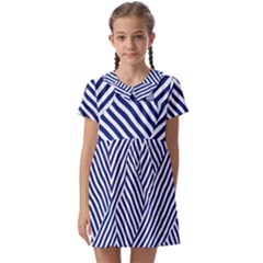 Blue And White Abstract Stripes Kids  Asymmetric Collar Dress