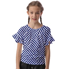 Blue And White Abstract Stripes Kids  Cut Out Flutter Sleeves