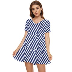 Blue And White Abstract Stripes Tiered Short Sleeve Babydoll Dress