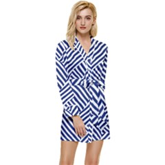 Blue And White Abstract Stripes Long Sleeve Satin Robe