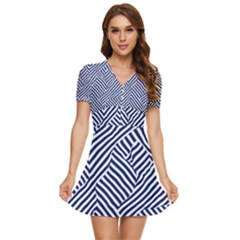 Blue And White Abstract Stripes V-neck High Waist Chiffon Mini Dress