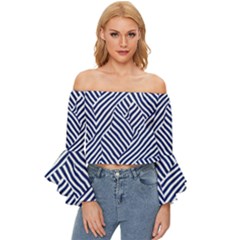 Blue And White Abstract Stripes Off Shoulder Flutter Bell Sleeve Top