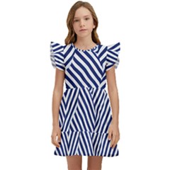 Blue And White Abstract Stripes Kids  Winged Sleeve Dress