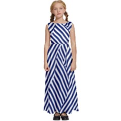 Blue And White Abstract Stripes Kids  Satin Sleeveless Maxi Dress