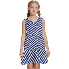 Blue And White Abstract Stripes Kids  Sleeveless Tiered Mini Dress