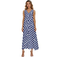 Blue And White Abstract Stripes V-neck Sleeveless Wide Leg Pants Overalls