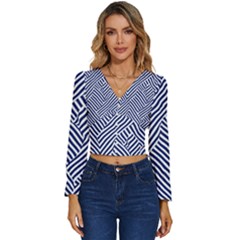 Blue And White Abstract Stripes Long Sleeve V-neck Top