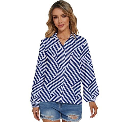 Blue And White Abstract Stripes Women s Long Sleeve Button Up Shirt by SpinnyChairDesigns