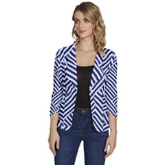 Blue And White Abstract Stripes Women s One-button 3/4 Sleeve Short Jacket