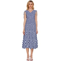 Blue And White Abstract Stripes V-neck Drawstring Shoulder Sleeveless Maxi Dress