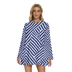 Blue And White Abstract Stripes Round Neck Long Sleeve Bohemian Style Chiffon Mini Dress