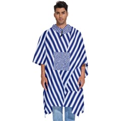 Blue And White Abstract Stripes Men s Hooded Rain Ponchos