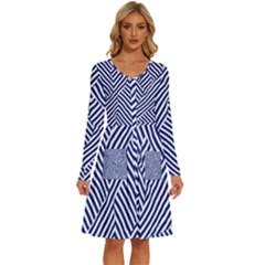 Blue And White Abstract Stripes Long Sleeve Dress With Pocket