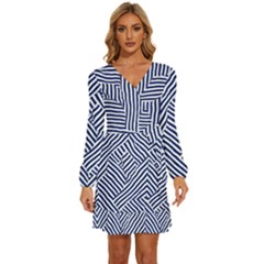 Blue And White Abstract Stripes Long Sleeve Waist Tie Ruffle Velvet Dress