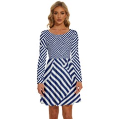 Blue And White Abstract Stripes Long Sleeve Wide Neck Velvet Dress