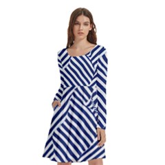 Blue And White Abstract Stripes Long Sleeve Knee Length Skater Dress With Pockets