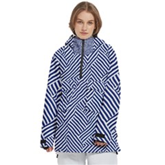 Blue And White Abstract Stripes Women s Pullover Zip Ski And Snowboard Waterproof Breathable Jacket