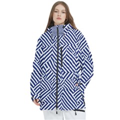 Blue And White Abstract Stripes Women s Multi Pockets Zip Ski And Snowboard Waterproof Breathable Jacket