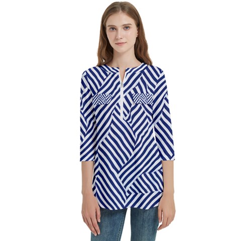 Blue And White Abstract Stripes Women s Zip Front V-neck 3/4 Sleeve Casual Top Pocket Shirt by SpinnyChairDesigns