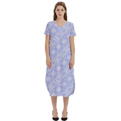 Light Purple And White Floral Pattern T-shirt Midi Dress With Pockets