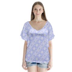 Light Purple And White Floral Pattern V-neck Flutter Sleeve Top