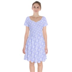 Light Purple And White Floral Pattern Short Sleeve Bardot Dress