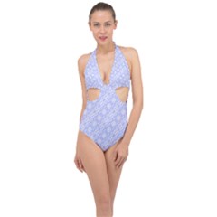 Light Purple And White Floral Pattern Halter Front Plunge Swimsuit