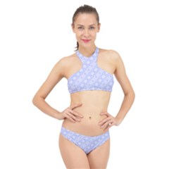 Light Purple And White Floral Pattern High Neck Bikini Set