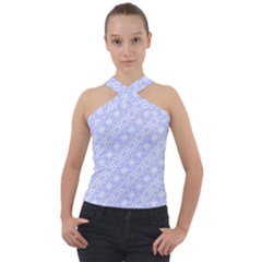 Light Purple And White Floral Pattern Cross Neck Velour Top