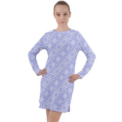 Light Purple And White Floral Pattern Long Sleeve Hoodie Dress