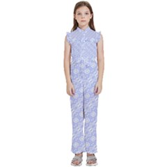 Light Purple And White Floral Pattern Kids  Sleeveless Ruffle Edge Band Collar Chiffon One Piece