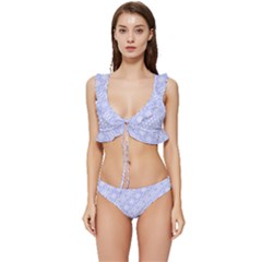 Light Purple And White Floral Pattern Low Cut Ruffle Edge Bikini Set