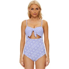 Light Purple And White Floral Pattern Knot Front One-piece Swimsuit