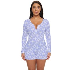 Light Purple And White Floral Pattern Long Sleeve Boyleg Swimsuit