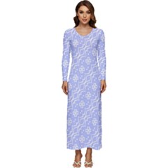 Light Purple And White Floral Pattern Long Sleeve Longline Maxi Dress